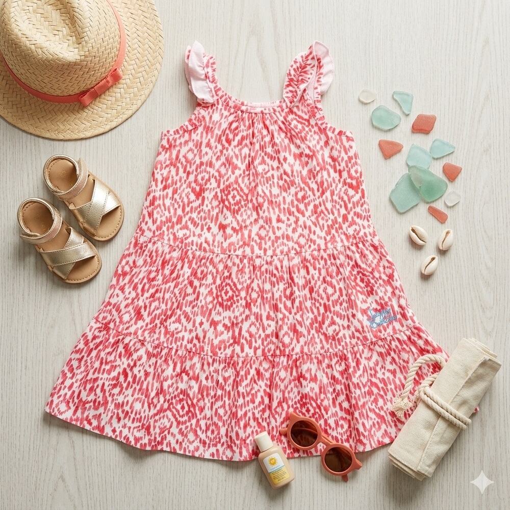 Tommy Bahama Girls‎ Tiered Ruffle Tank Dress Pink White Ikat Abstract Print 2T